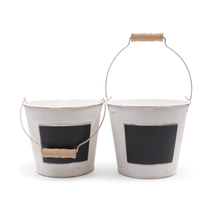 Hosley Set of 2 White Metal Pail with Chalkboard and Plastic Liner 7" Dia x 6" H. Ideal Gift for Floral Arrangements Wedding House Warming Floral Planter DIY Craft Home Office Party Garden Patio