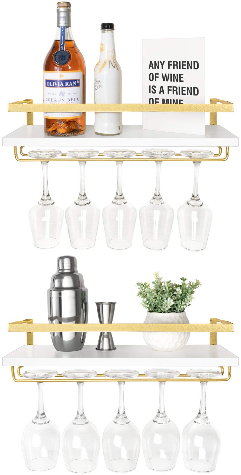 Mkono Wall Mounted Wine Rack Set of 2 White Wood Wine Bottle Glass Holder Floating Shelves with Stemware Hanger Modern Plants Photos Wine Display Storage Holder for Kitchen Dining Room Bar, 17 Inch