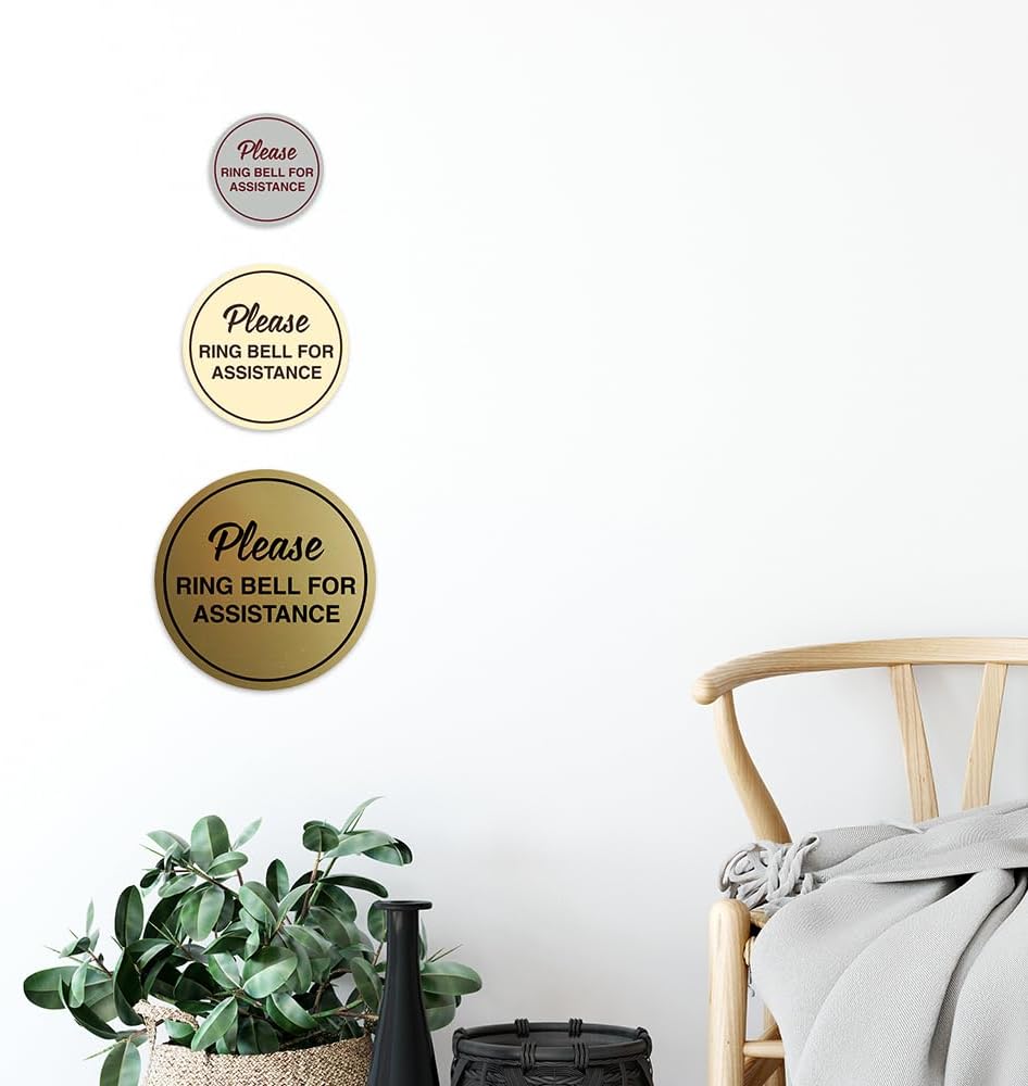 Signs ByLITA Circle Please Ring Bell For Assistance Wall or Door Sign | Easy Installation | Front Desk Reception Sign (Brushed Gold) - X-large (5 Pack)