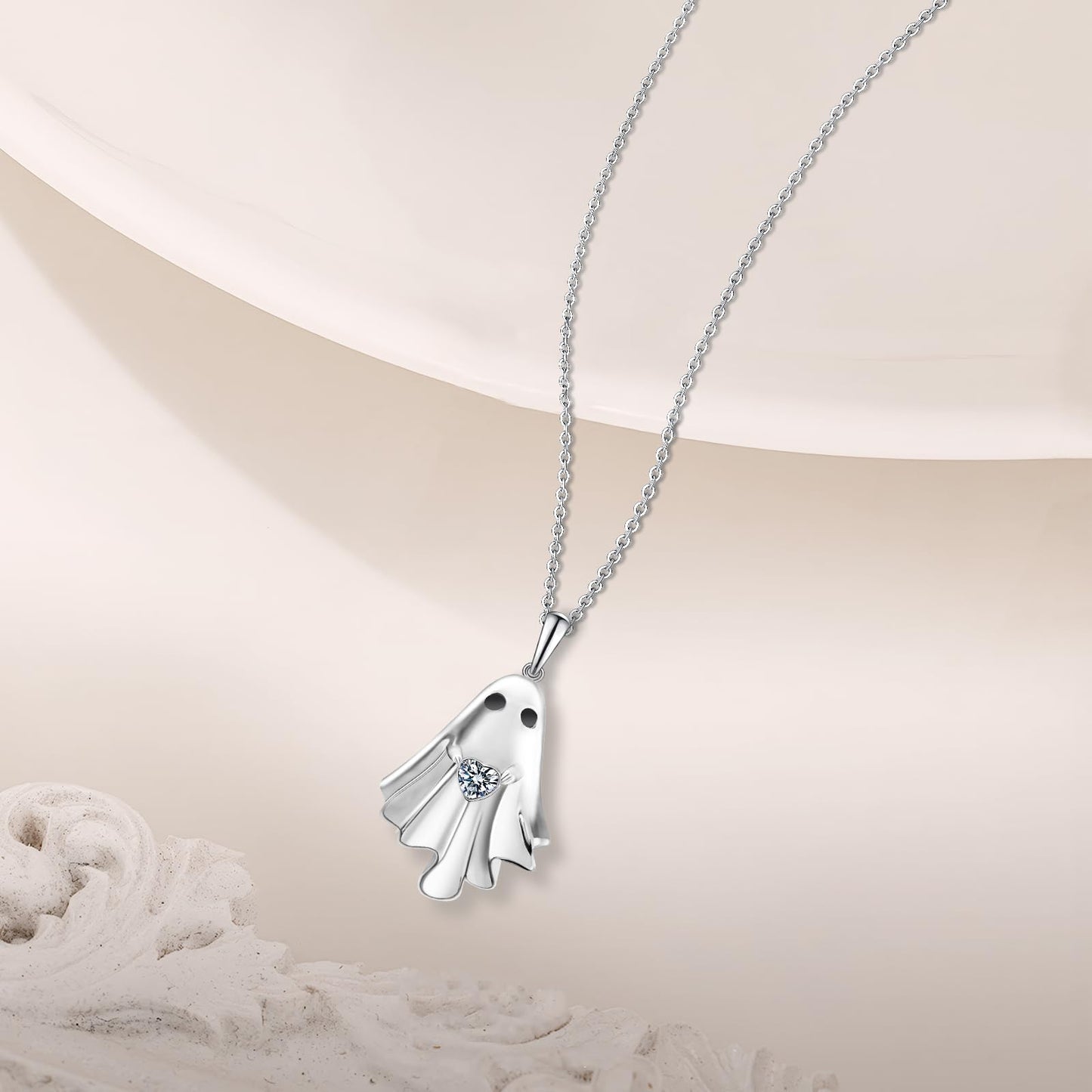 Halloween Ghost Necklace for Women S925 Sterling Silver Spooky Ghost Pendant With Heart Cz for Women Halloween Jewelry Gift
