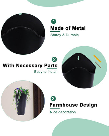 vensovo 12 Inches Galvanized Wall Planters - 2 Packs Metal Tin Vases for Flowers Indoors, Farmhouse Hanging Planter Tall Flower Holder for Country Decor Outdoors, Black