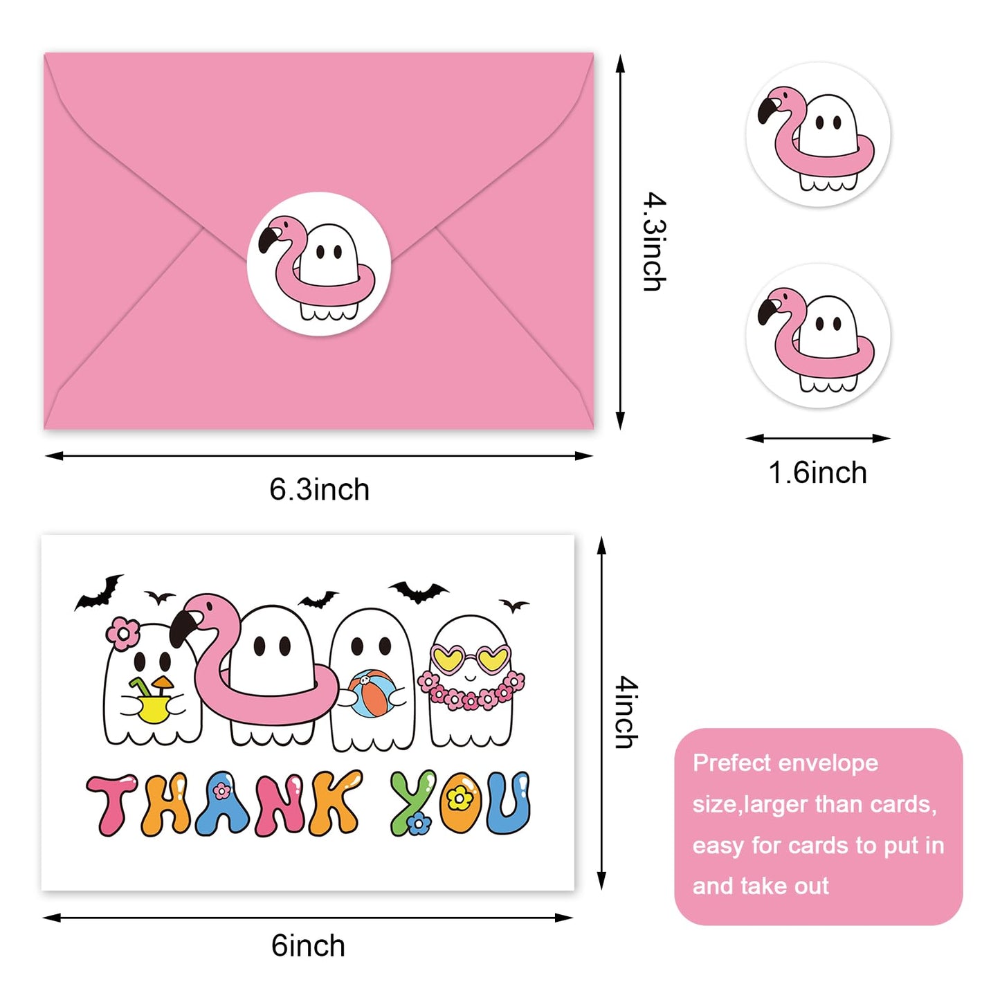 Whaline 24Pcs Summerween Thank You Cards with Envelopes Stickers Blank Greeting Cards Ghost Bat Swimming Ring Note Card for Summer Poor Party Supplies
