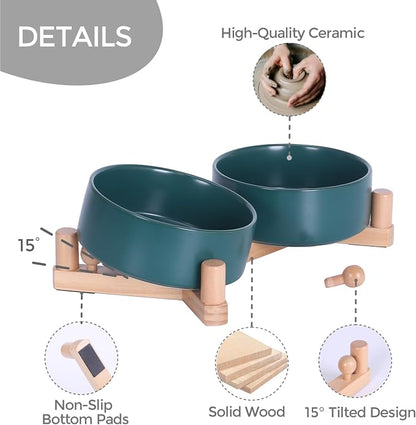 Elevated Ceramic Dog Bowls for Small Dogs, Raised Dog Bowl Set with Adjustable Wood Stand, Non-Slip Pet Feeding Station, Food & Water Bowls for Cats & Small Dogs 13.5 oz (Green)