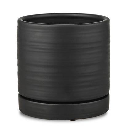 HERDUK 6 Inch Plant Pots, Ceramic Planter Pot with Drainage Hole & Saucer, Indoor/Outdoor Cylinder Round Planter Pot, Matte Black
