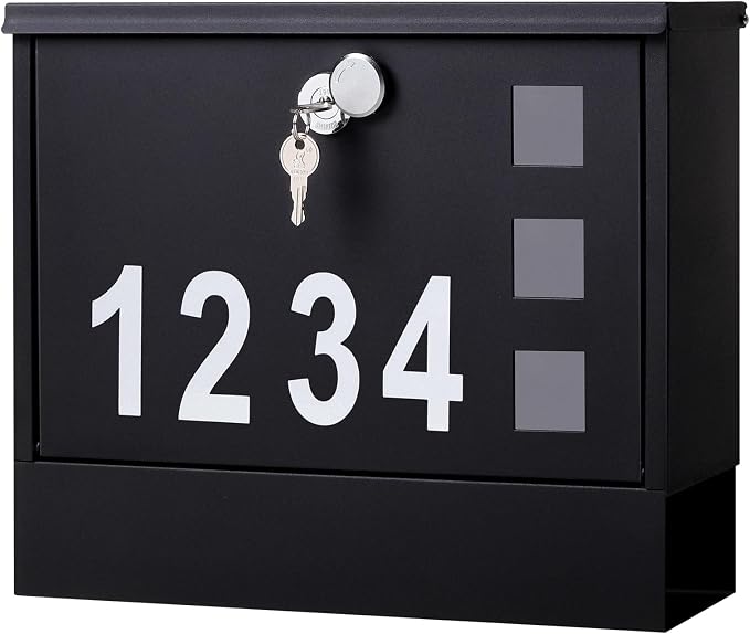 Locking Mailbox Wall Mount for Outside– Jssmst Mailboxes with Number and Key Lock for Front Door Fence, Large Capacity Letter Box, 14.3 x 4.1 x 11.8 Inch, Black