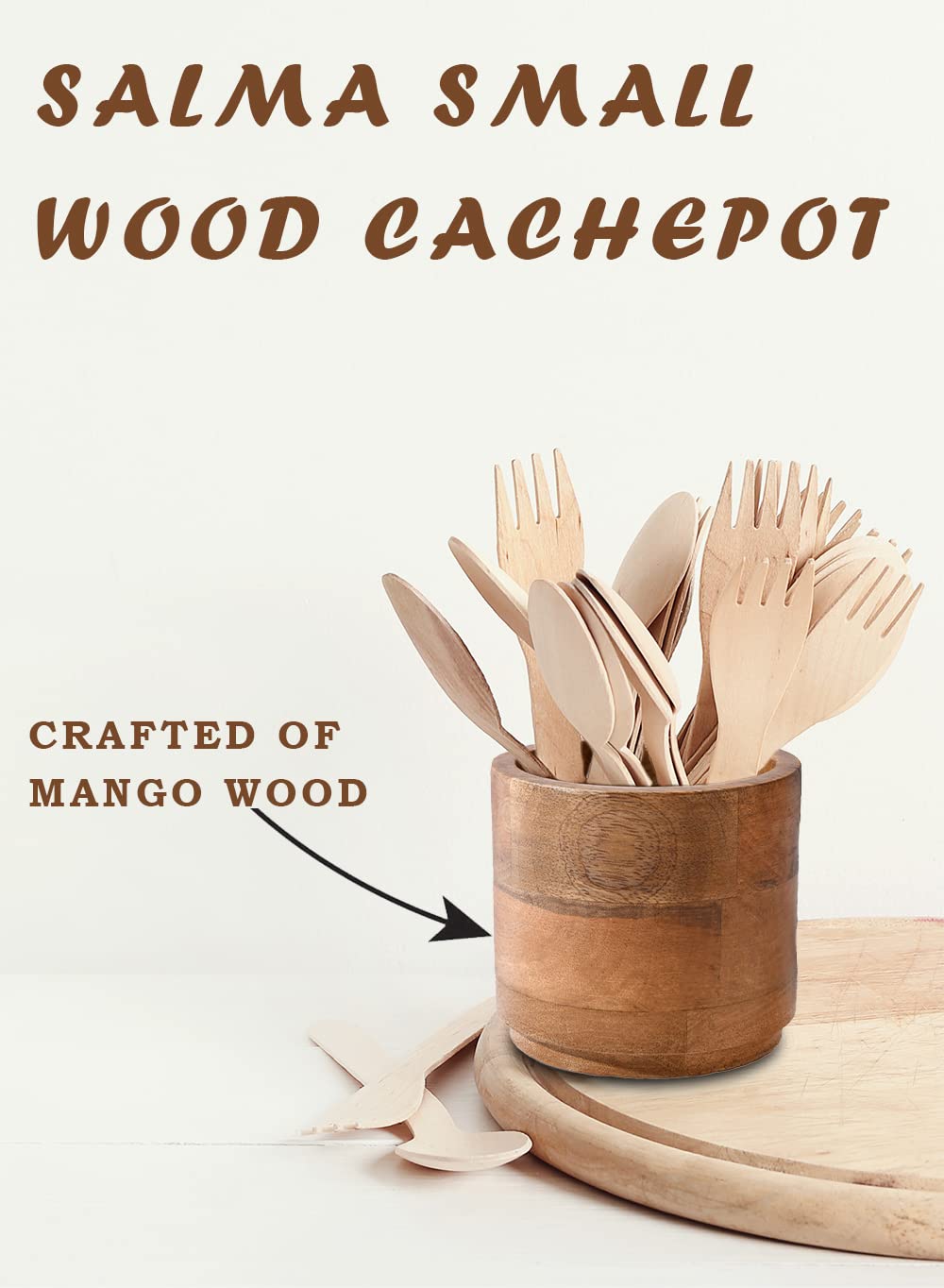 Serene Spaces Living Small Mango Wood Cachepot, Natural Wooden Pot for Faux Flowers & Plants, Potted Indoor Plants, Home, Office, Restaurant Decor, Measures 4.75" Diameter & 4.5" Tall