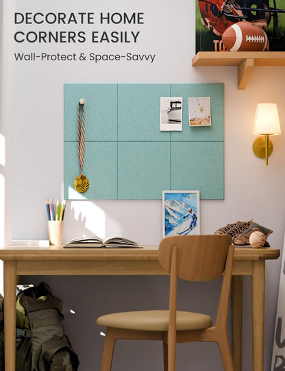 Felt Bulletin Board Tiles -28"x18" Cork Board Alternative for Office Decor, Push Pin Board Wall Organizer 6-Pack -Seafoam Blue