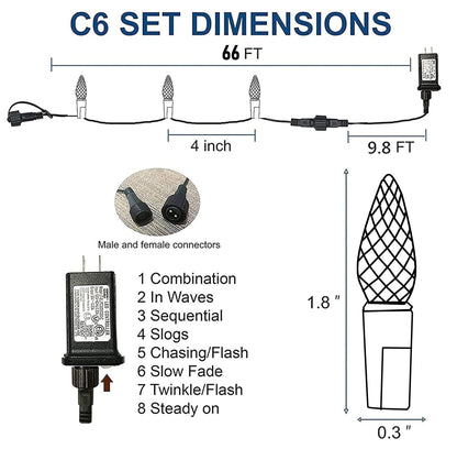 Dazzle Bright C6 Christmas String Lights, 200 LED, 66 FT, Waterproof, 8 Modes, Multicolor, Model HB-300COI