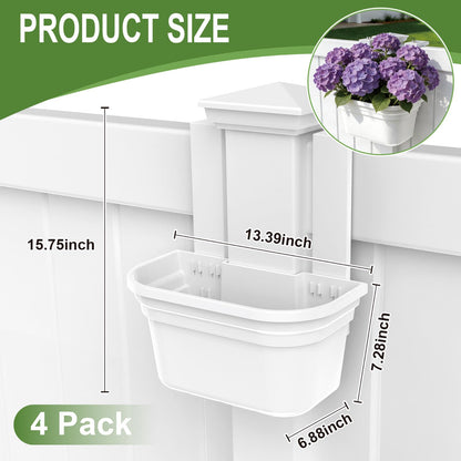 SprintGy 4 Pack Fence Post Planter for 5x5 PVC Fence Posts, 15.75 Inch Fence Hanging Planters for Outdoor Plants, Easy Install, White Flower Pots for Deck Railing Garden Yard Decor