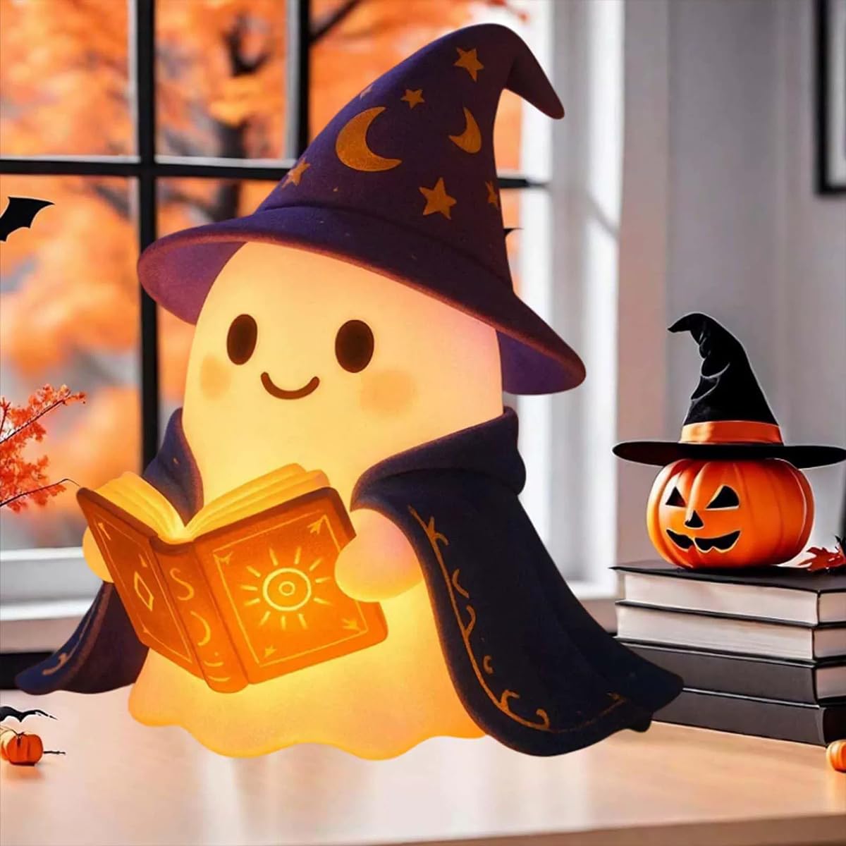 MYSNKU Halloween Ambiance Lamp – Cute Ghost Reading Book Night Light, Suitable for Indoor Party & Spooky Outdoor Halloween Decoration (Magic Book)