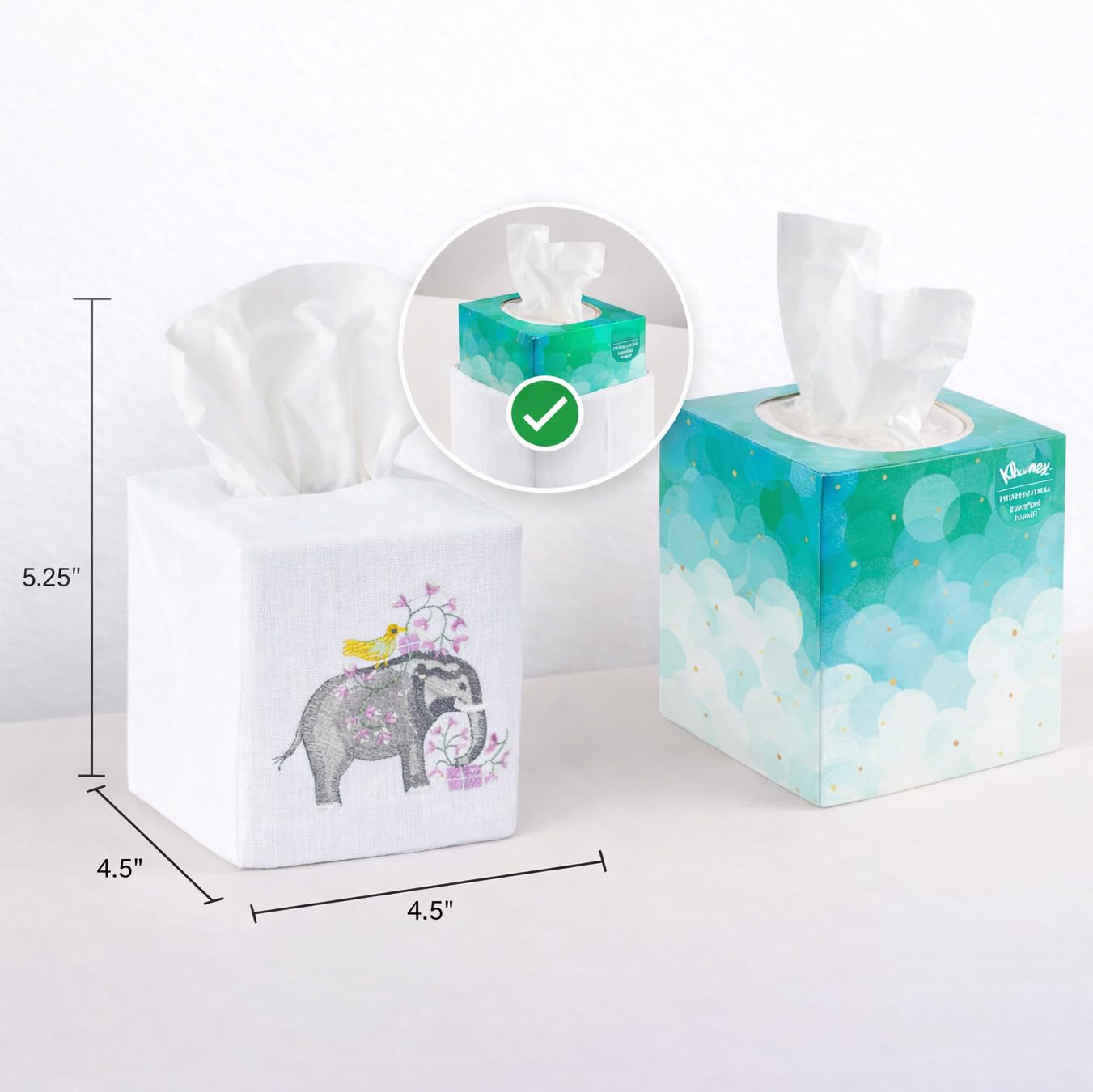 Jacaranda Living Square Tissue Box Cover, Linen/Cotton Tissue Holder, Decorative Cloth Tissue Cover, Fits Standard Square Tissue Boxes, Embroidered Animal Designs, Charming Elephant (Blue)