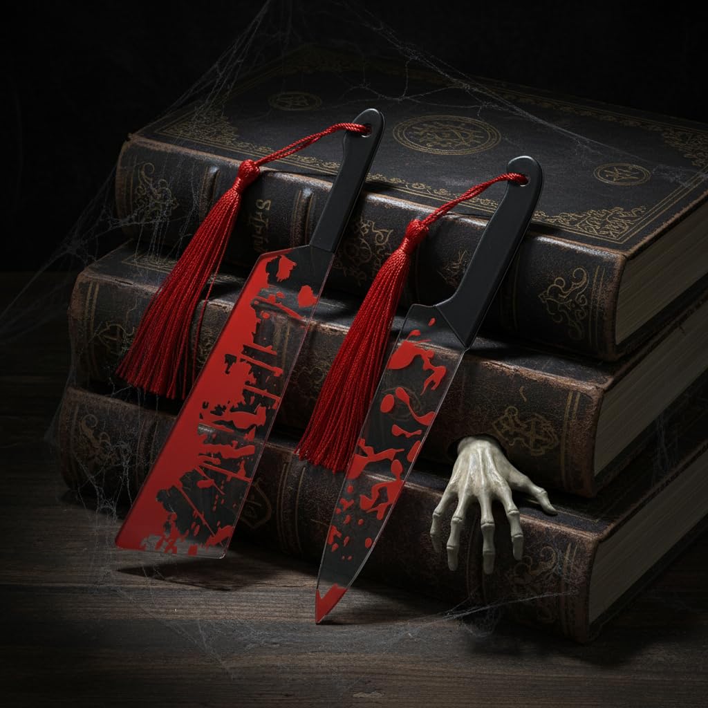 Horror Movie Knife Acrylic Bookmark, Gothic Character Dagger with Tassel,Book Lover Book Mark Halloween Gift (6PC Red Knife)