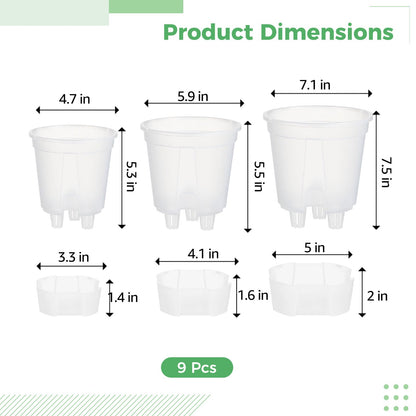 OMISTAR 9 PCS Self-Watering Pot with Reservoir, 3 Sizes Clear Plastic Plant Pots with Air and Drainage Holes, Indoor and Outdoor Flower Planters for Home Office, Healthy Root Growth
