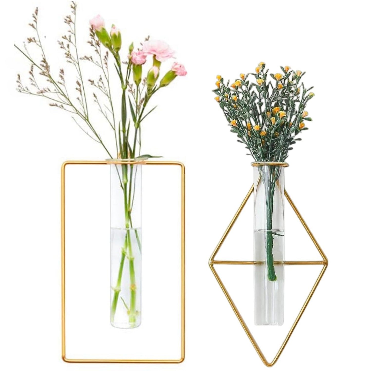 yaocoral 2 Pack Nordic Wall Vase Hanging Geometric Gold Flower Vase Wall Mount Metal Frame Vases Hydroponic Glass Bud Vase Decor for Home Wedding Farmhouse