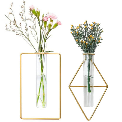 yaocoral 2 Pack Nordic Wall Vase Hanging Geometric Gold Flower Vase Wall Mount Metal Frame Vases Hydroponic Glass Bud Vase Decor for Home Wedding Farmhouse
