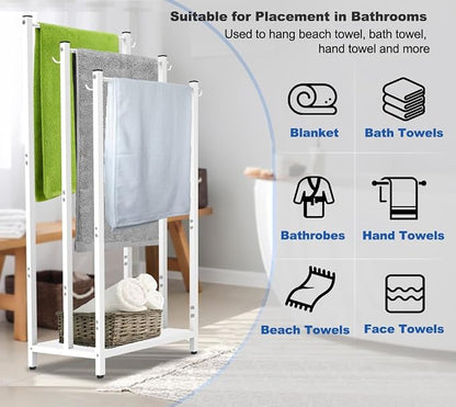 44 Inch Tall Free Standing Towel Rack with Metal Storage Shelf & 6 Hooks for Bathroom, 3 Tiers Heavy Duty Blanket Drying Stand Holder for Outdoor Pool, Bedroom, Living Room, White