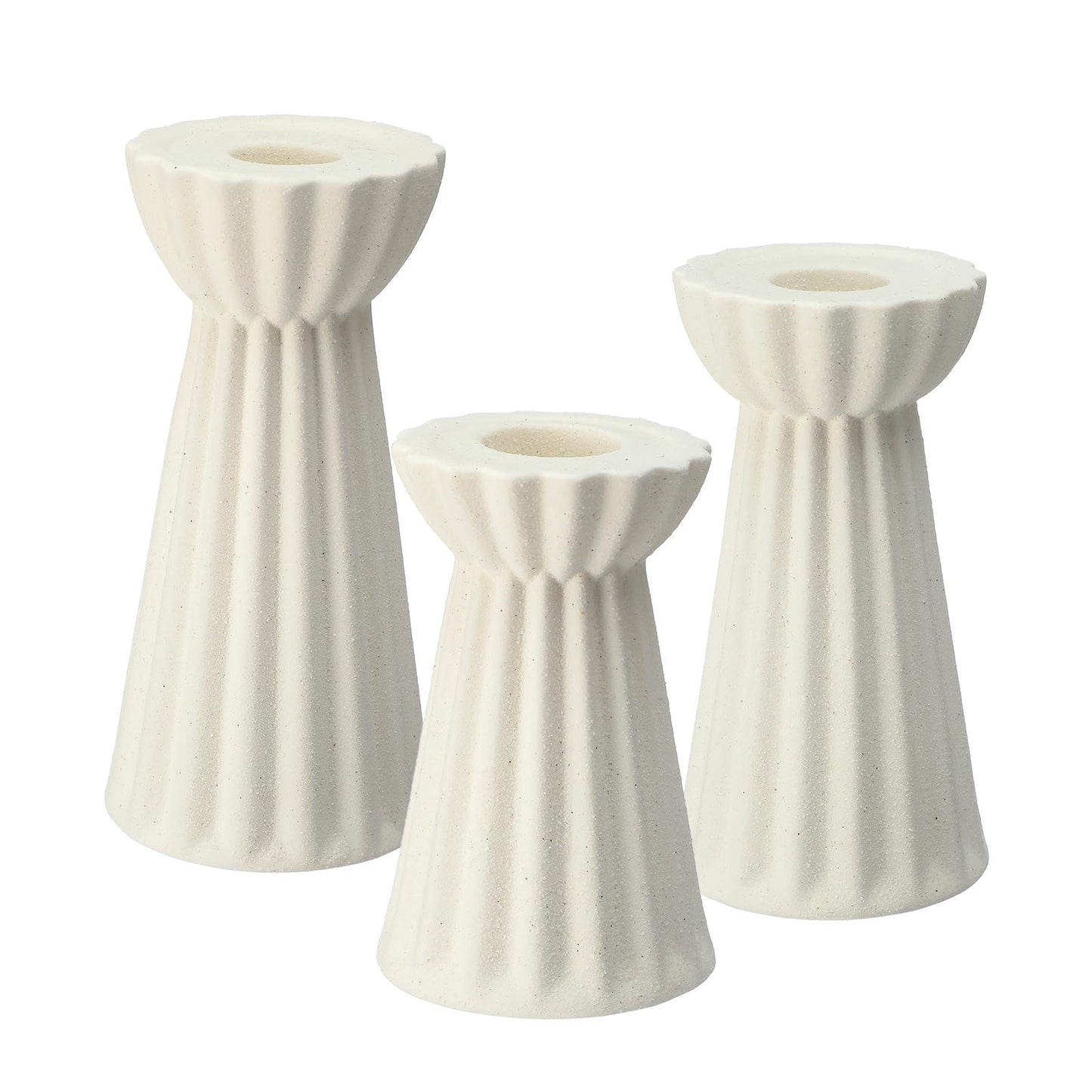 Honeydak Set of 3 Ceramic Taper Candle Holder Cream White Candlestick Holder Fluted Candle Stick Stand Boho Nordic Modern Decorative Table Centerpiece Wedding Home Dinner Party Housewarming Gift