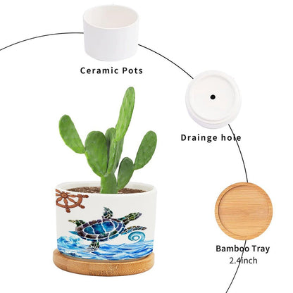DreamAutumn Ocean Theme Sea Turtle Planter Ceramic Round Plant Pots with Drainage Holes and Bamboo Tray Planting Small Flower Pots for Home Windowsill Desk Garden Indoor Outdoor Use