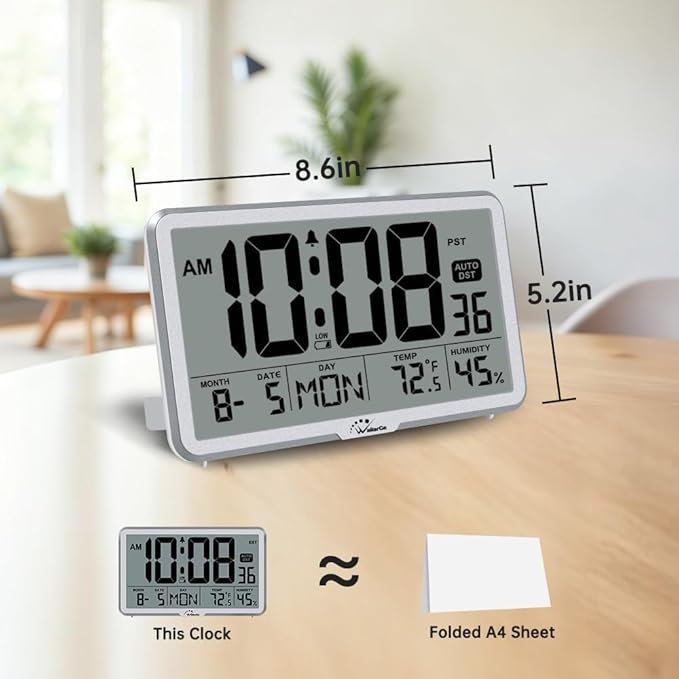 WallarGe Auto Set Digital Wall Clock Battery Operated, Desk Clocks with Temperature, Humidity and Date, Large Display Digital Calendar Alarm Clock for Elderly, Bedroom, Office, 8 Time Zone, Auto DST.
