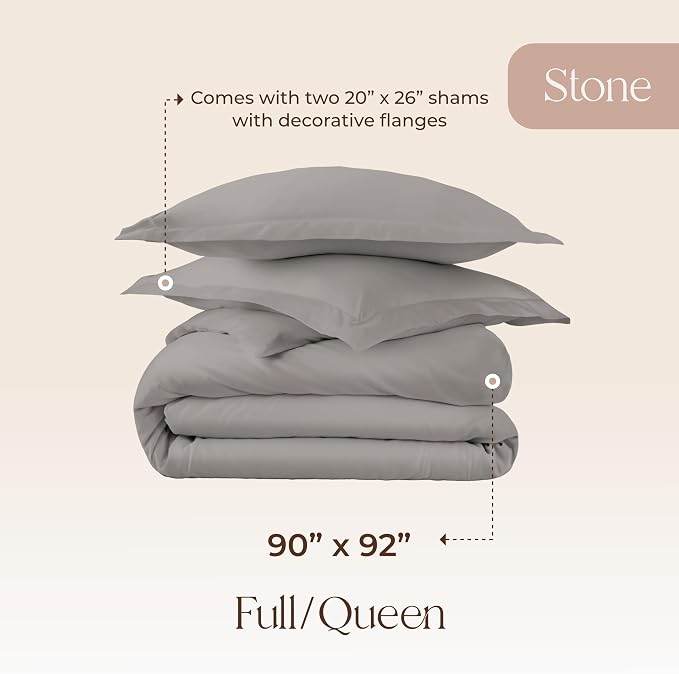 100% Organic Cotton Duvet Cover Queen Size - Naturally Soft Lightweight & Cooling Duvet Cover Set with Decorative Shams - Premium GOTS Certified 300 Thread Count Sateen Weave (Stone, Queen)