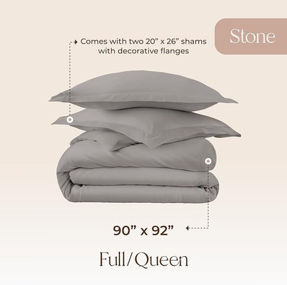 100% Organic Cotton Duvet Cover Queen Size - Naturally Soft Lightweight & Cooling Duvet Cover Set with Decorative Shams - Premium GOTS Certified 300 Thread Count Sateen Weave (Stone, Queen)