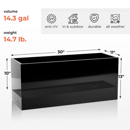 Worth Metal Planter Box with Insert Plate & Drain Holes, Indoor or Outdoor Use, No Assembly Required, 30" x 11" x 13", 14.3 Gallons, Glossy Black