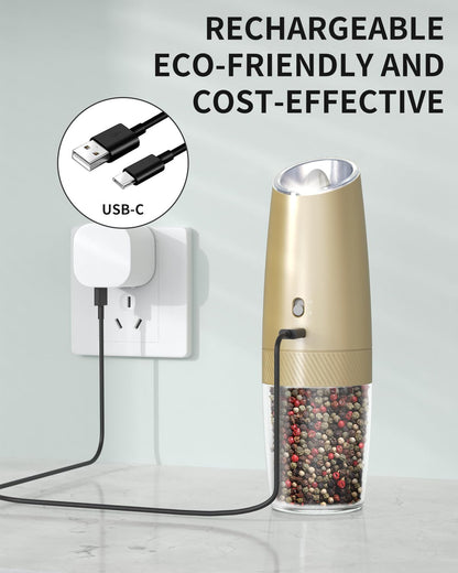 CIRCLE JOY 2-Speed Gravity Electric Pepper Grinder, Rechargeable Salt Grinder Pepper Mills, Adjustable Coarseness, White LED Light, 135ML Large Capacity, Gold