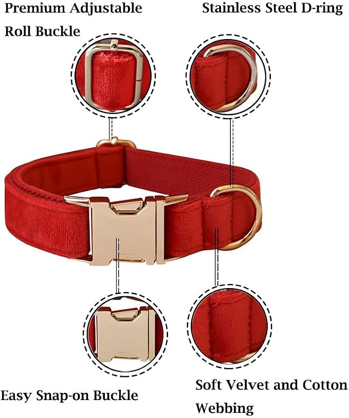 Velvet Dog Collar and Leash Set with Quick Release Metal Buckle | Bright & Stylish Leash and Collar Set, Soft Heavy Duty Pet Collars Adjustable for Samll Medium Large Dogs or Cats