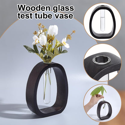 UNICRAFTALE Dark Brown Solid Wood Vase Small Desk Hydroponic Plant Frame Glass Test Tube Vases Decorative Single Flower Holder Office Home Decoration for Garden Terrarium