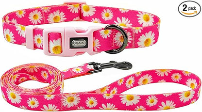Dog Collar and Leash Set, Cute Pink Daisy Pattern, Polyester Material, 5ft Leash, for Large Dogs.(L, Daisy Set)
