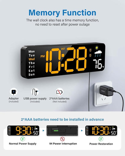 Digital Wall Clock, Digital Clock Large Display with Remote Control, Corded LED Alarm Clocks with Date, Week, Temp, Humidity, Auto DST, Countdown, for Living Room Bedroom Classroom Office (Orange)