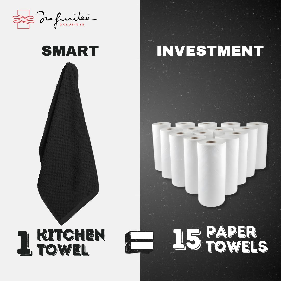 Infinitee Xclusives 100% Cotton Kitchen Towels - 15x25 Inch Ultra Soft Tea Towel, Super Absorbent Terry Dish Towels for Kitchen Linens |Storm Black|