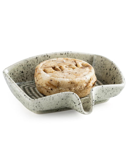 Self Draining Soap Dish, Ceramic Drain Soap Holder Waterfall Design Soap Saver for Shower, Bathroom, Sink, Kitchen and Countertop, Keeps Dry, Speckled Glaze