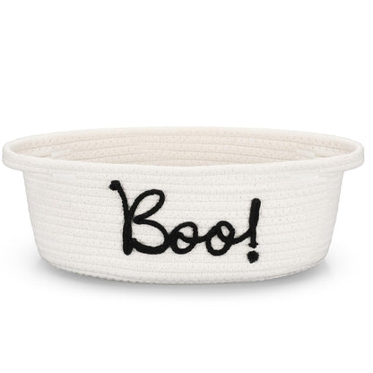 Reallnaive Halloween Boo Woven Basket Cute Storage Spooky Basket with Handle Boo Woven Trick or Treat Gift Organizer for Halloween Party Favors and Decorations Women Men(White,12 x 8 Inch)