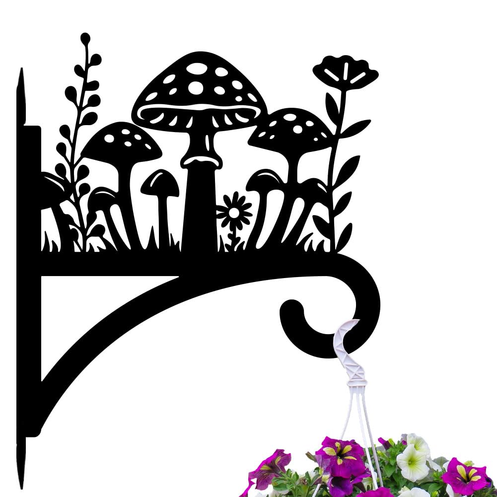 peacoblue Iron Plant Hangers Hook for Outdoor Indoor Hanging Plant Flower Fern Pot Lantern Bird Feeder,12"x15" Weather Resistant Metal Wall Holder for Porch Garden Farmhouse(Mushroom and Wildflower)