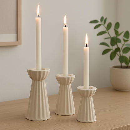 Honeydak Set of 3 Ceramic Taper Candle Holder Cream White Candlestick Holder Fluted Candle Stick Stand Boho Nordic Modern Decorative Table Centerpiece Wedding Home Dinner Party Housewarming Gift