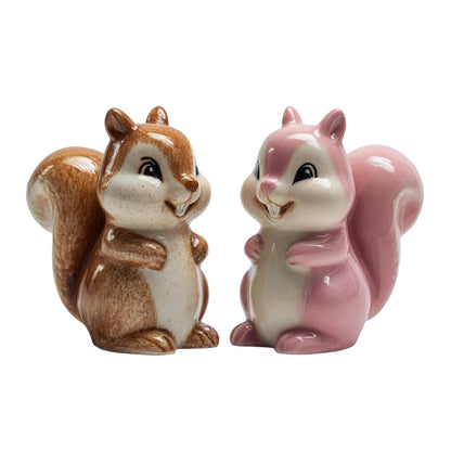 Bicuzat Ceramic Squirrels Salt Pepper Shakers Set, 2 PCS Set of Animal Salt and Pepper Shakers, Brown and Pink