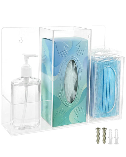 Triple Hygiene Dispenser Station, Clear Acrylic 3-Compartment PPE Organizer for Masks, Gloves & Hand Sanitizer, Wall Mount or Tabletop Hygiene Supply Holder for Office, Clinic, Restaurant, School