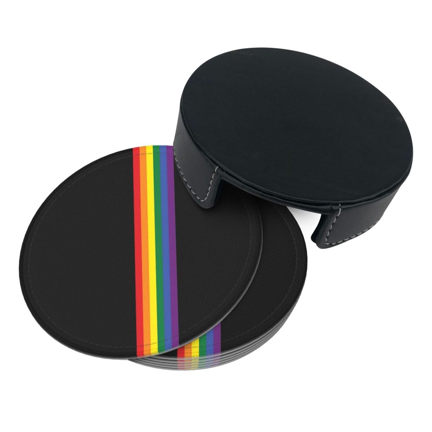 6pcs Rainbow LGBT Gay Pride Drinking Coasters Leather Coaster with Holder Coasters for Coffee Table Kitchen Table Bar, Home Office