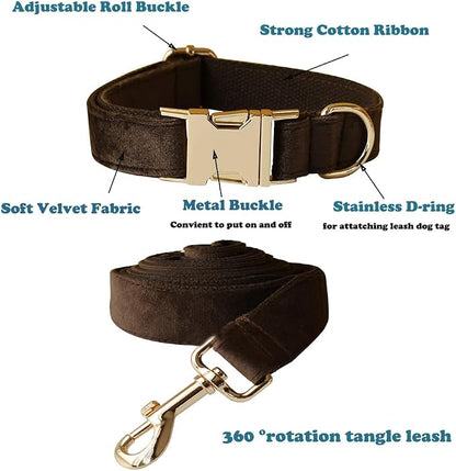 Love Dream Velvet Dog Collar and Leash Set, Soft & Comfy Adjustable Dog Leash and Collar with Heavy Duty Metal Buckle for Small Medium Large Dogs Training & Walking (Medium, Brown)