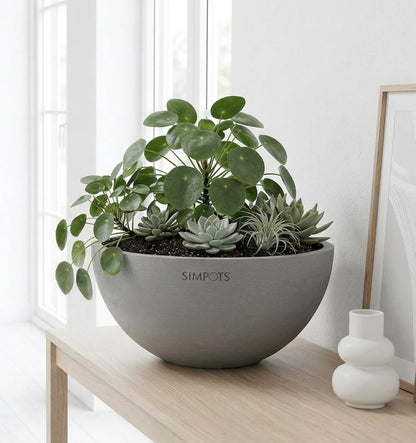 ONE ART Luxury Planters Hand-Finished Modern Design Durable Frost-Proof Indoor & Outdoor Use, Ideal for Desk, Garden, Conference Room, Office, Patio (Gray)