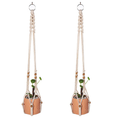 Beciway 2-Pack Macrame Plant Hangers with Wood Beads – 34 Inch White Hanging Planters, Boho Indoor Outdoor Flower Pot Holders, No Tassels (Pots Not Included)