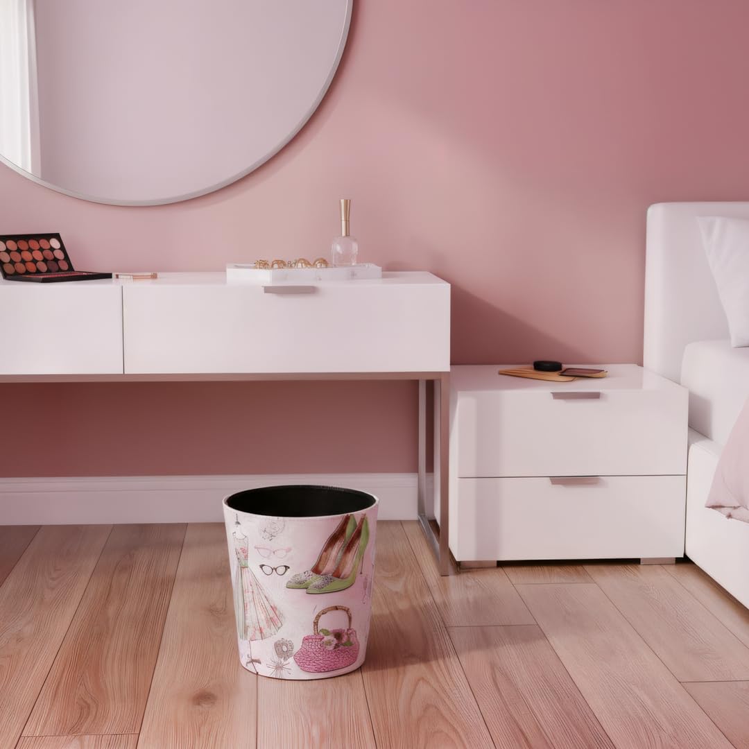 PU Leather Small Trash Can Wastebasket, Round Garbage Container Basket for Bathrooms, Laundry Room, Kitchens, Offices, Kids Rooms, Bedrooms,Dorms,Home Decorative Art Bin, 2.9 Gallon(Fashion Style)