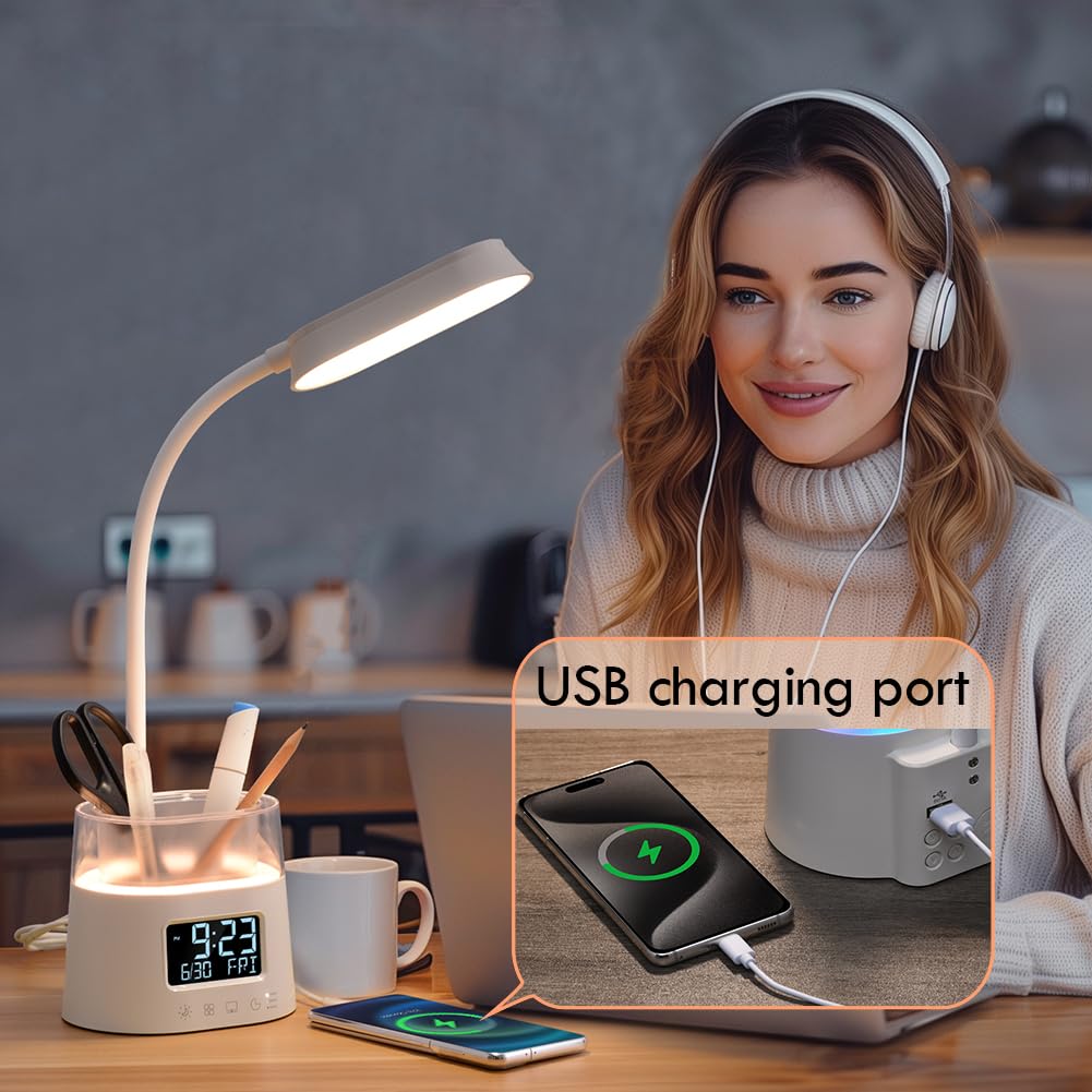 WILIT LED Desk Lamps for Home Office with Pen Holder, Table Lamp for Bedroom with USB Charging Port & Clock, RGB Night Light, Study Lamp for Kids Girls, Desk Light for College Dorm Room Essentials