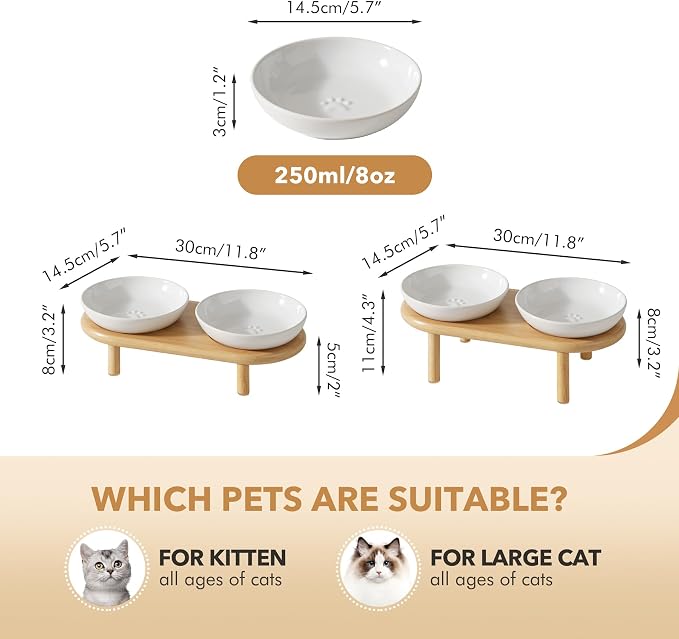 Havniva Elevated Cat Bowls Raised Ceramic Cat Bowl, 5.7” Wide Opening Cat Food Bowl Whisker Friendly Cat Dish Anti-Slip with Bamboo Stand, Shallow Pet Food & Water Bowl for Indoor Cats
