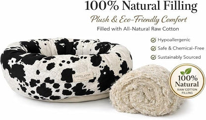 Organic Cotton Canvas Dog Bed: Removable Cover, Natural Fill - Made in USA (Cow Print Black White, X Small 18" x 6" inches)