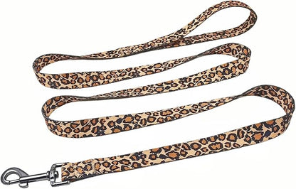Dog Collar Leash Set, Leopard Pattern, Polyester Material, Adjustable Collar and 5ft Matching Leash, for Large Dogs.(L, Brown Leopard)