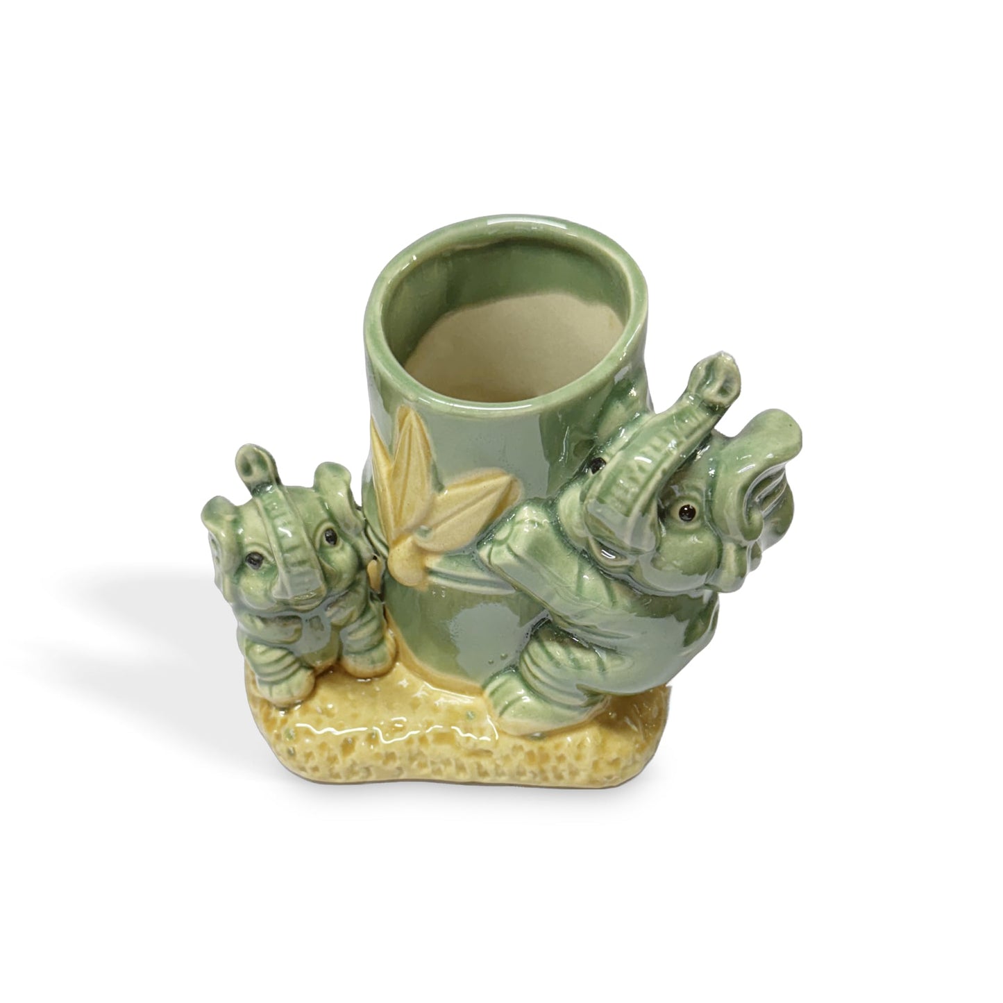Adorable 4.25" Tall Lucky Elephants Holding a Bamboo Stalk Decorative Bamboo, Cactus, Succulent Plant Holder or Pen Pot
