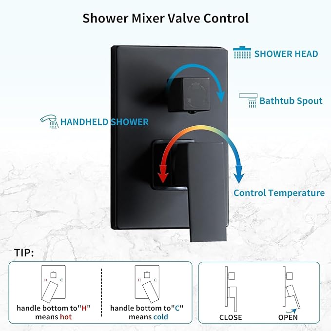 Matte Black Shower Faucet 12 Inch Set with Tub Spout, Shower Head and Handle with 2 Hooks Rain System Square Wall Mount for Bathroom