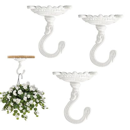 Sungmor Heavy Duty Ceiling Hooks for Hanging Plants, 3PC White 3.5x3.9Inch Large Cast Iron Ceiling Hooks, Antique Decorative Ceiling Swag Hooks for Hanging Planter Chandelier Wind Chime Lantern Hanger
